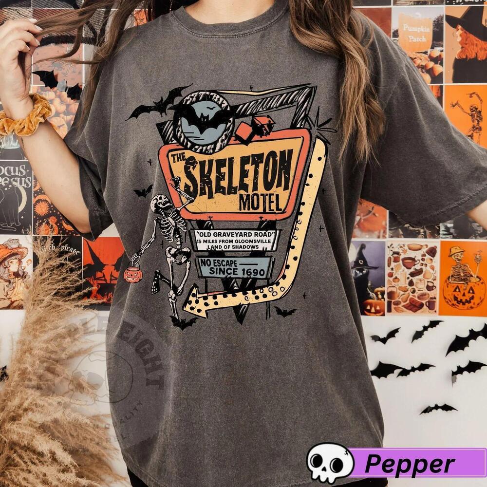 The Skeleton Motel Retro Funny Halloween Tshirt, Haunted Mansion